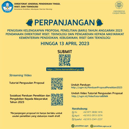 Perpanjangan Waktu Pengiriman Proposal Penelitian Penerimaan Proposal Penelitian (Baru) Tahun Anggaran 2023 Pendanaan Direktorat Riset, Teknologi, dan Pengabdian Kepada Masyarakat  Kementerian Pendidikan, Kebudayaan, Riset, dan Teknologi